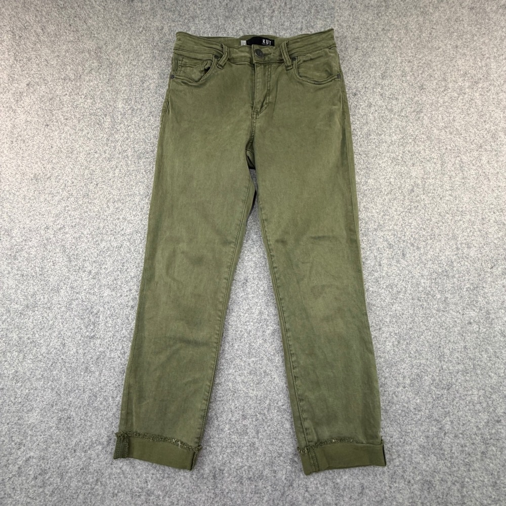 KUT from the Kloth Amy Crop Straight Leg Olive Green Pants Size 2 Frayed Hem